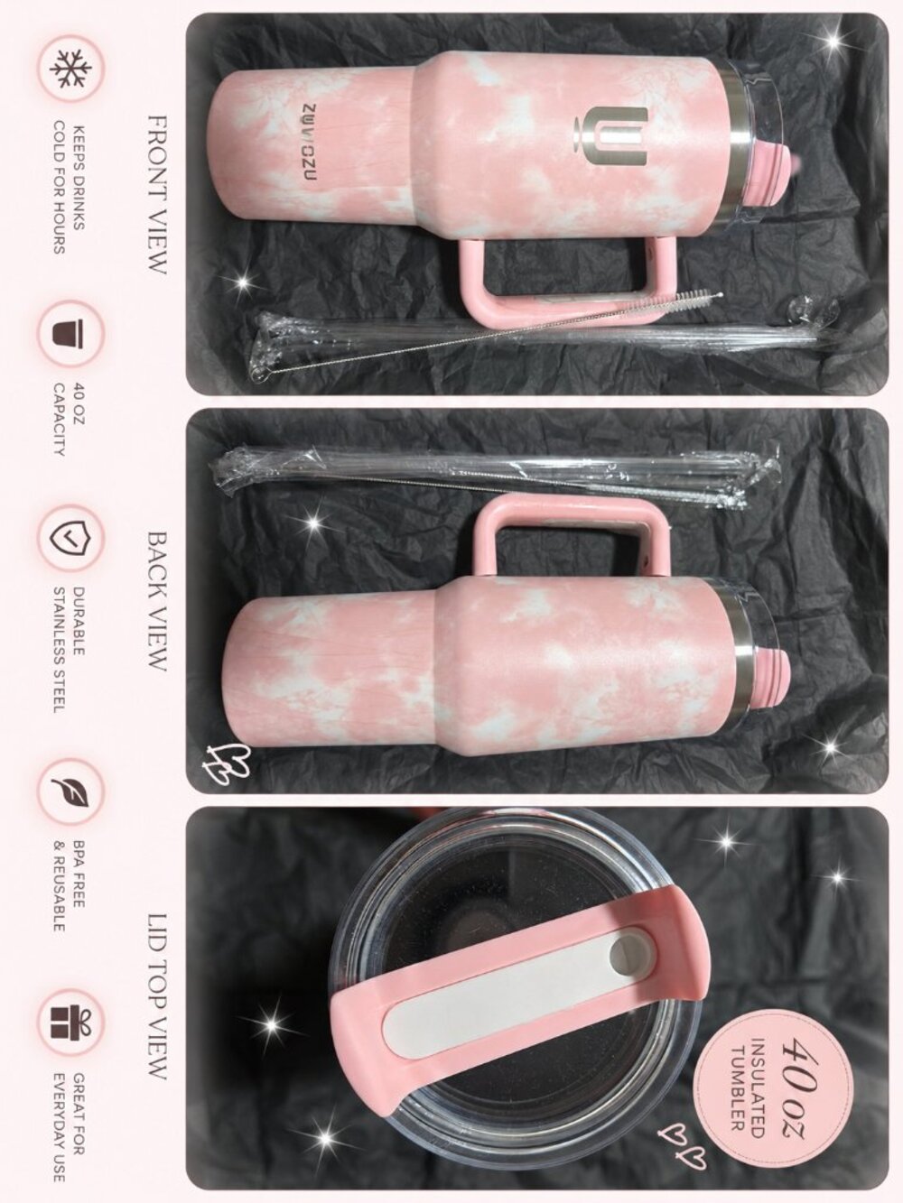 New ZUWOZU 40 oz Pink Marble Insulated Tumbler Handle Straw Cup NWOT
